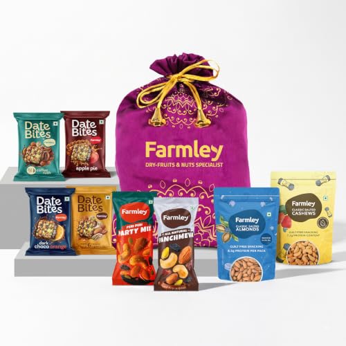 Image of Farmley Small Potli Gift Pack, Assorted Dry Fruit & Snack Gift Pack, Date Bites 80g, Panchmeva 30g, Peri-Peri Party Mix 35g, Roasted Almonds 40g, Roasted Cashews 36g, Assorted Snack Hamper, 221 gm
