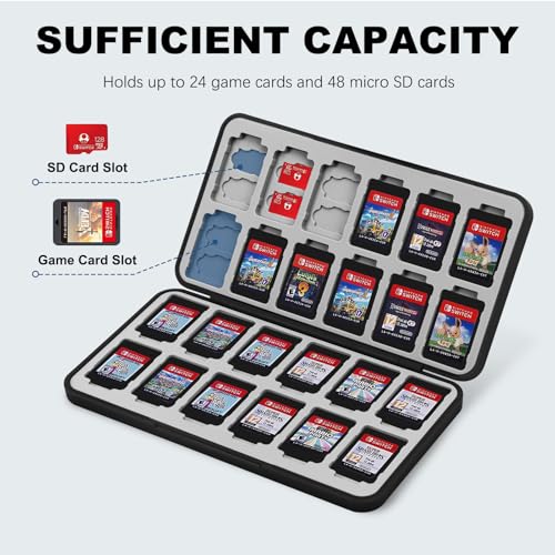 Image of FYY Nintendo Switch Game Case Holder for Switch 2 Cartridge Case with 24 Game Card Slots & 48 Micro SD Card Slots, Hard Shell, Silicone Lining Lightning Black