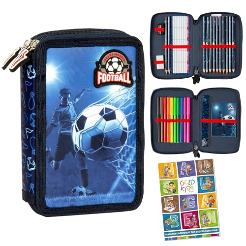 Goldkids - Federmäppchen 2 Fächer - Mäppchen für Mädchen und Jungen - Federmappe 2-Fach Federtasche Gefüllte Schüleretui 27-teilig - Schulmäppchen und Hausaufgabenheft - Fußball Motiv