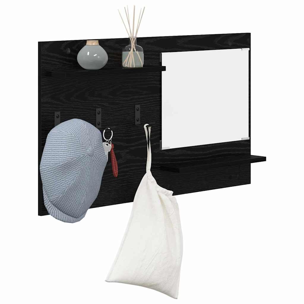 Estantería de pared de roble negro 90 x 10 x 50 cm, con espejo y 2 estantes, diseño moderno, resistente y estable para pasillo, dormitorio, sala de estar y oficina