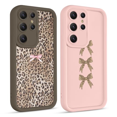 lioscre 2 Pack Cute Cheetah Leopard Bow Phone Case for Samsung Galaxy S25 Ultra 5G 6.8", Aesthetic Brown and Pink Bowknot Pattern Design Women Girls Case Soft Shockproof TPU Protective Funda Cover