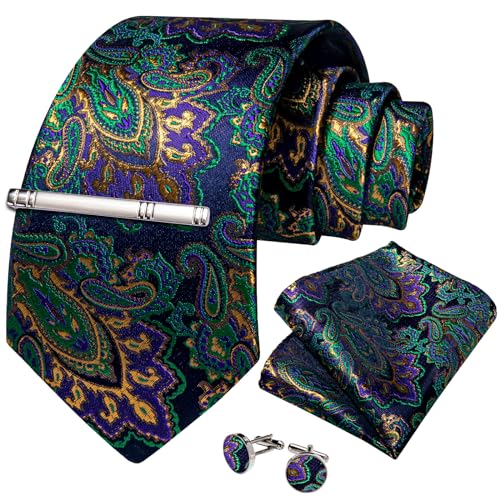 Image of DiBanGu Silk Floral Ties for Men Woven Paisley Necktie and Tie Clip Handkerchief Cufflinks Set for Party Wedding