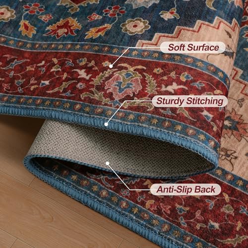 Image of Tangsoo Oriental 2x3 Washable Rugs for Entryway Non Slip Small Rug Red Blue