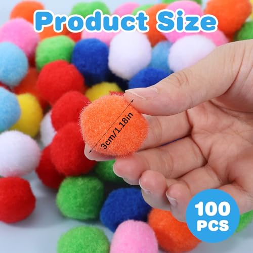 Tyqour 100 Stück Bunte Pompons zum Basteln, 3cm Bunt Filzkugeln Pompoms Bommeln zum Basteln Groß Pompons Bunte Pom Poms für Weihnachten Ostern Kinder DIY Kreativen Handwerk Dekorationen