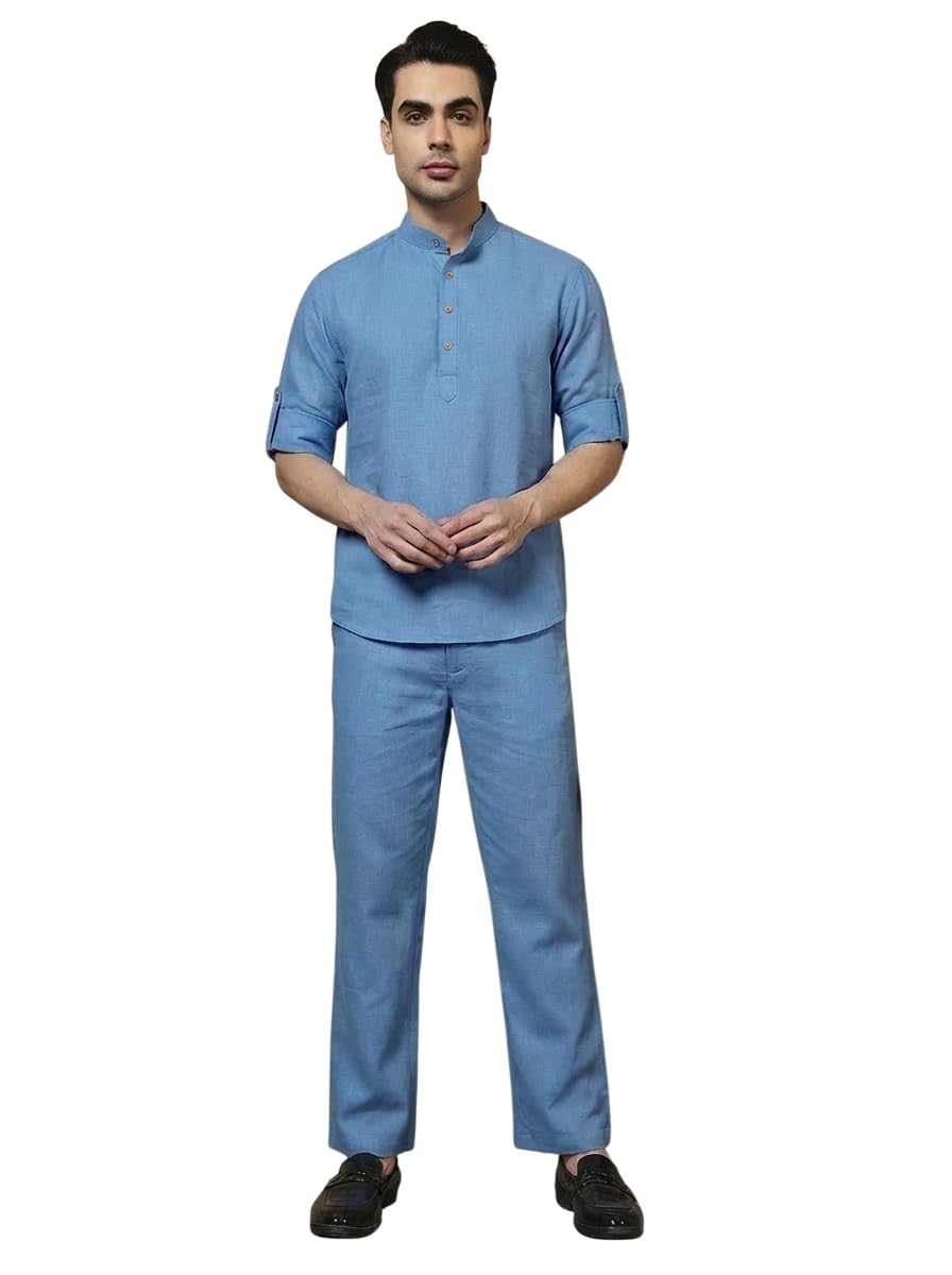 Pure Cotton Kurta With Pant Men Co-ord Set|Kurta Pant Combo|Full Sleeves|Casual Wear|2 Piece|Co ords for Men Fashion (Blue)-image-25