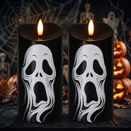 Image of Halloween Black Flameless Pillar Candles with Ghost Decals, 2PCS