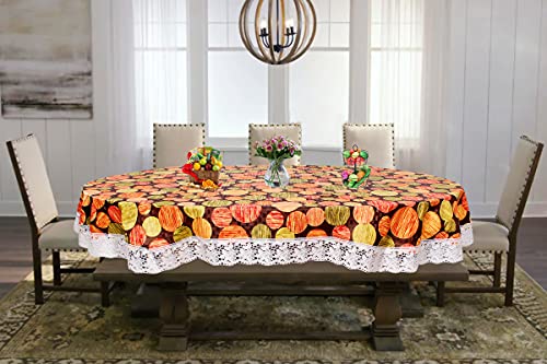 Image of The Furnishing Tree Waterproof PVC Oval Shaped 10 Seater Table Cover WxL 60x120 inches Abstract Pattern Multi Color with White Border lace