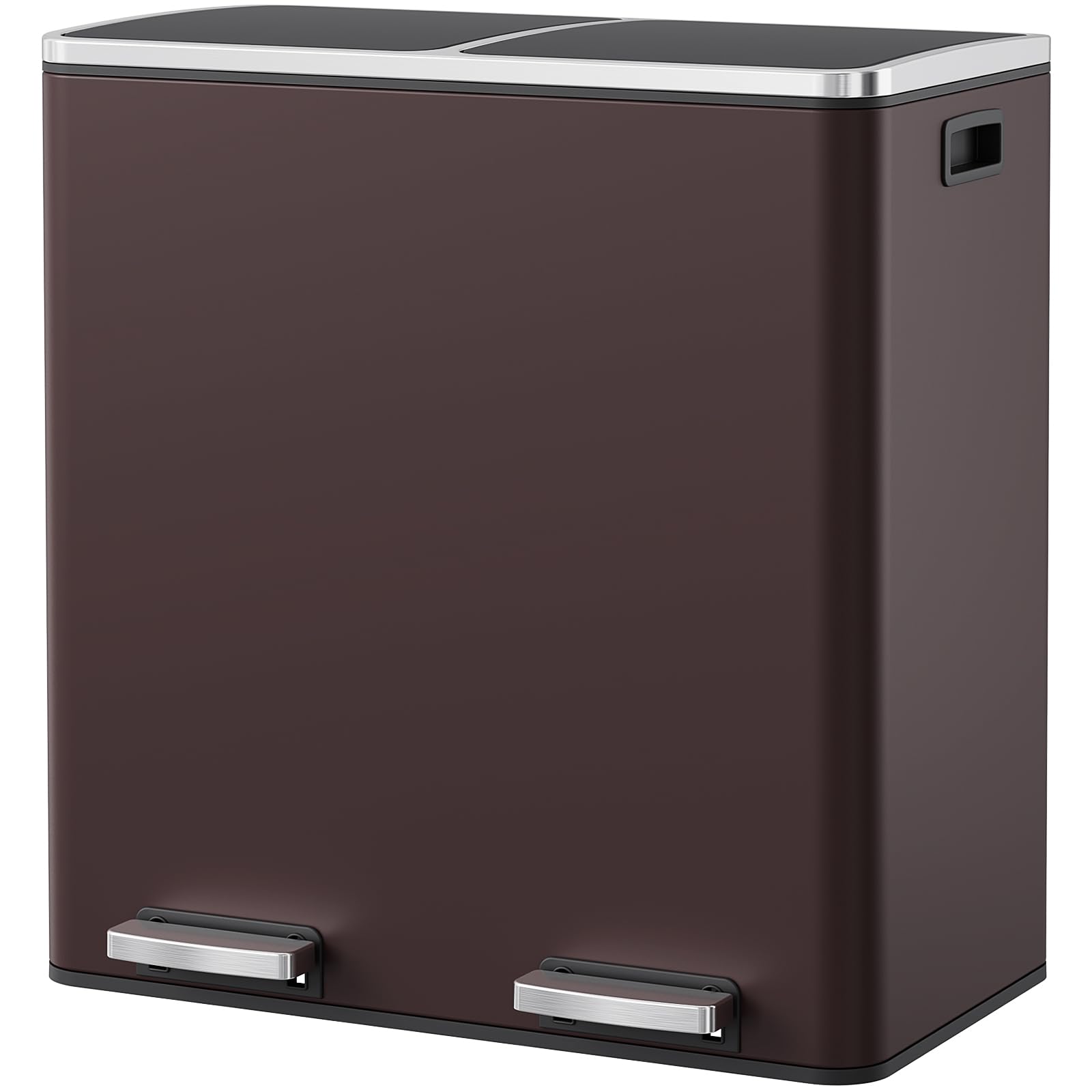 Arlopu Dual Trash Can, 2 x 8 Gallon (2 x 30 L) Hands-Free Trash and Recycle Bin Combo, Stainless Steel Kitchen Garbage Can with Soft-Close Lid, Removable Inner Buckets, Step Pedal, Airtight (Brown)