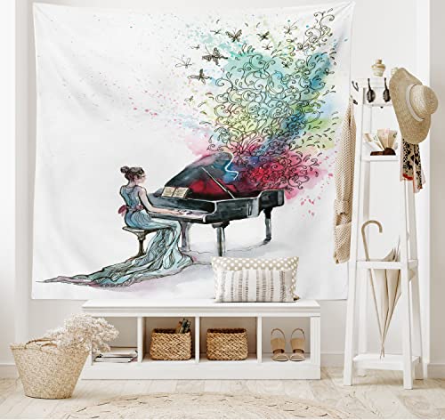 Ambesonne Music Tapestry,A Grand Piano And Musician With Butterflies Ornamental Swirls Of Pianist In A Vintage Style Illustration, Wall Hanging For Bedroom Living Room Dorm Decor, 40" X 60", Green Red #TOP1