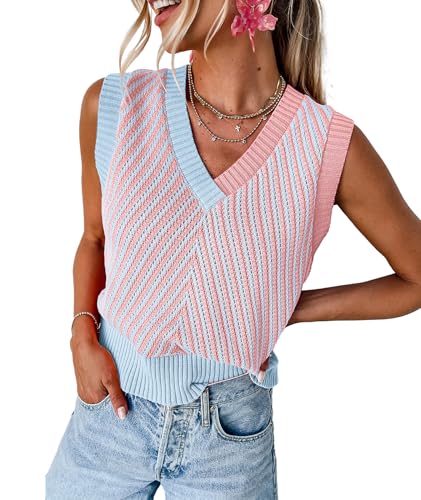 Image of MARZXIN Women Sleeveless Sweater V Neck Casual 2026 Fall Knitted Chevron V Neck Sweater Vest Color Block Pullover Sweater Top