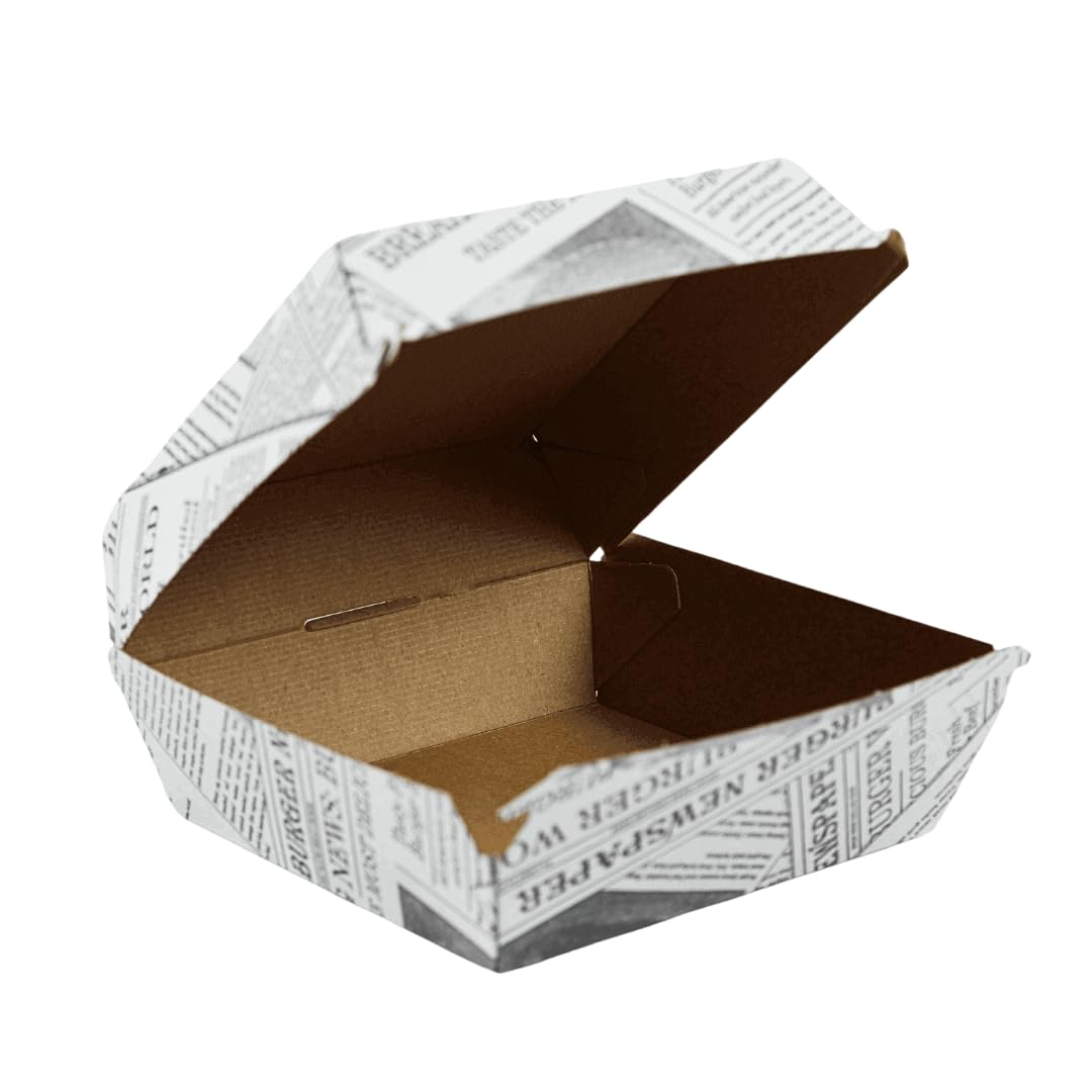 Enpack Burger-Box in Weiß aus Kraftpapier - 13,5 x 13,5 x 7,5cm Snackbox mit Klappdeckel - Beschichteter Einmalbehälter mit Druck für Burger, Snacks und Chips
