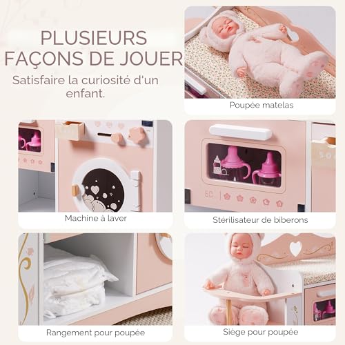 Meuble poupée en bois rose pour s'occuper de son bébé dans la chambre