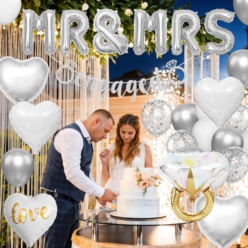 Image of Silver Engagement Party Decorations, MR and MRS Balloons Decor, Metallic