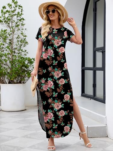 Image of Heymoments Womens Summer Maxi Dress Short Sleeve Casual Loose Long T Shirt Split Vacation Beach Sundress with Pockets