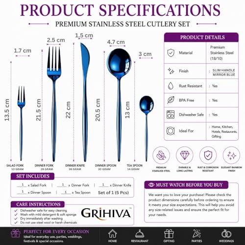 Image of 5 Pcs Blue Cutlery Set for Dining Table the Perfect Lightweight Silim Handle Tableware Including Dinner Spoon, Dinner Fork, Dinner Knife, Dessert Spoon & Dessert Fork