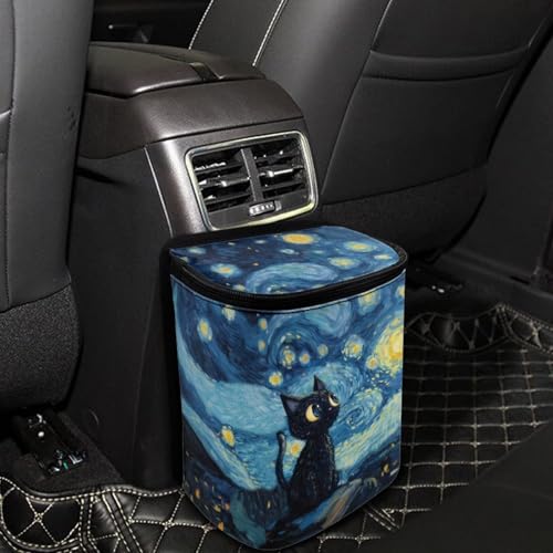 Image of Talayituse Cat Starry Night Print Car Trash Can with Lid, Leak Proof Auto Trash Bag Hanging Vehicle Garbage Can Multipurpose Storage Container for Back Seat Road Trip