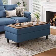 LINSY HOME 46 Inches Wide Storage Ottoman Bench, Linen Coffee Table Long Shoes Bench Footstool, Storage Chest, Foot Rest Stool, for The Living Room, Entryway and Family Room Blue