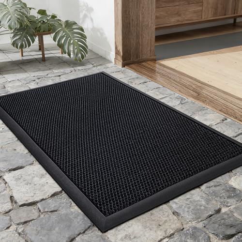 UKISS Front Door Mat Outside Entrance, Sand & Dirt Trapper Low-Profile Non-Slip Doormat Indoor Outdoor, Stain Resistant Washable Rubber Mat for Entryway,30''x17.5'', Black