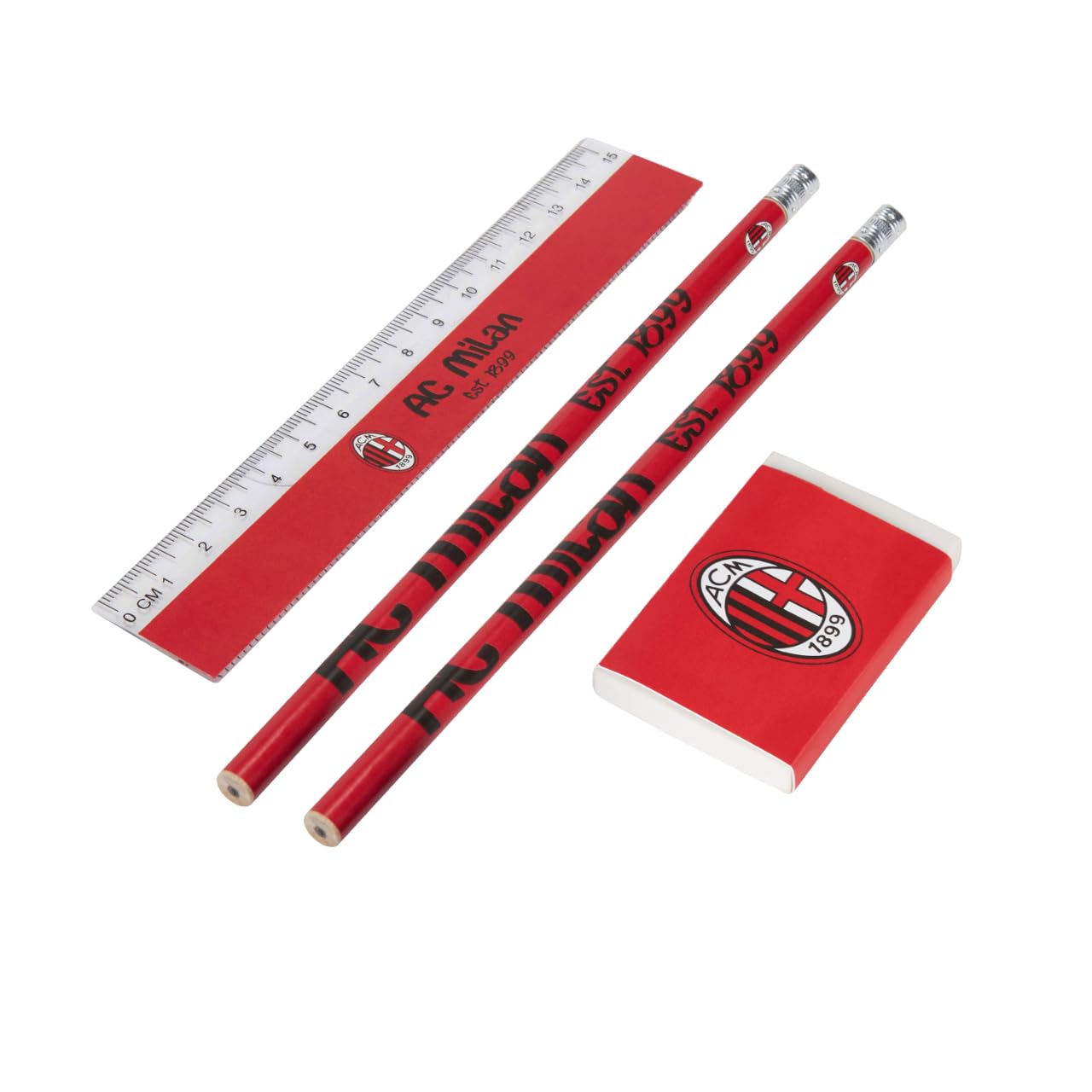 ACM 1899 AC Milan Stationery Set with 2 Pens, 1 Ruler 15 cm and 1 Eraser, Official Licensed Product, Red, Classic