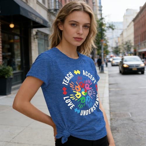Image of Autism Teach Shirts Women Autism Awareness T Shirt Autism Support Tee Tops Autism Teacher Short Sleeve Shirt