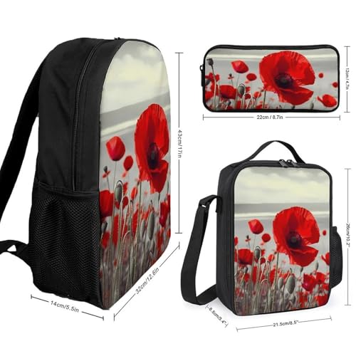 3 Piece Backpack for Women Men Lightweight Causal Daypack Shoulder Bag Set with Insulated Lunch Bag And Pencil Case Organizers Red Poppy Flower2