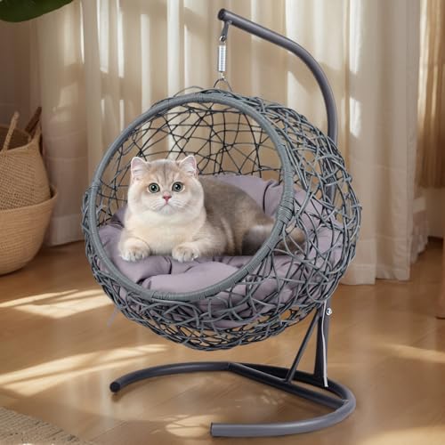 hausway Hanging Cat Bed-Aluminum-Steel Stand,Cat Swing Bed for Small Dogs Indoor Outdoor,Wicker Hanging Pet Hammock, Pet Egg Chair for Sleeping, Playing, Climbing, (Grey Spherical)