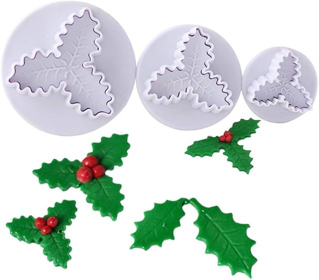 KALAIEN 3pcs Holly Leaf Plunger Cutter Fondant Baking Tools Cake Cookie Sugarcraft Decorating Mould
