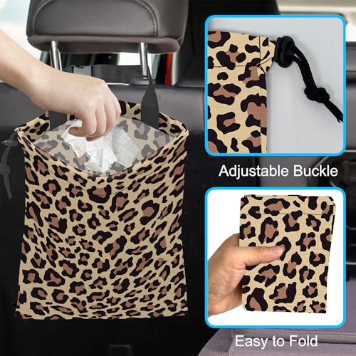 Image of Car Trash Bag Hanging Brown Leopard Print Car Trash Can Waterproof Garbage Bag Hanging for Car Back Seat