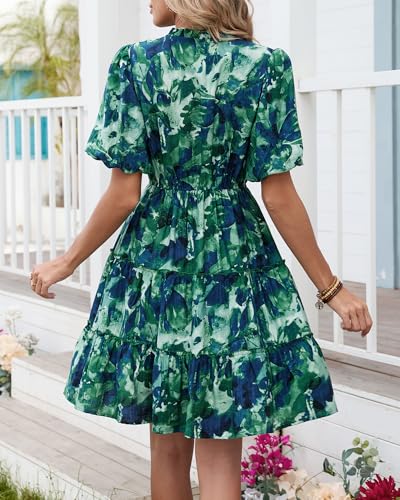 Image of BTFBM Women Summer Floral Short Dresses V Neck Short Sleeve Tiered Ruffle Boho Swing Dress A-Line Mini Dresses