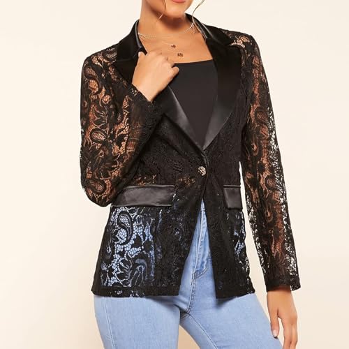 Women's Floral Lace Blazer Mesh Single Button Lapel Long Sleeve Elegant Jacket Blazer4