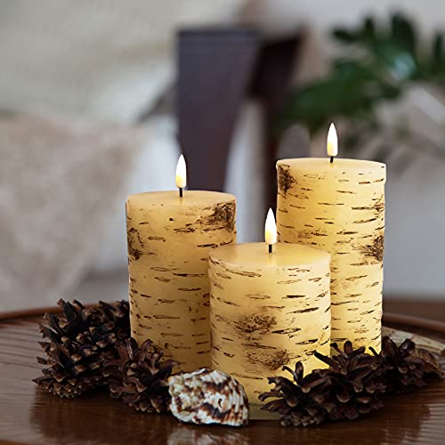 Eywamage Birch Wood Flameless Pillar Candles With Remote, Flickering Led Wax Battery Candles Set Of 3, Christmas Fall Decorative Candles #TOP4