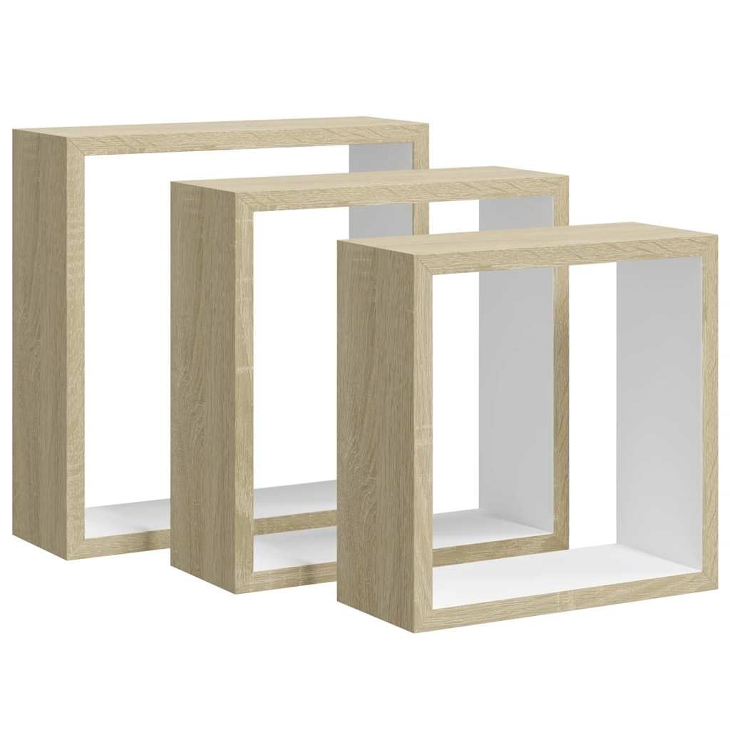 Set di 3 mensole da parete a forma di cubo in MDF, eleganti mensole sospese in bianco e rovere Sonoma, per soggiorno, set da 3 pezzi, diverse misure