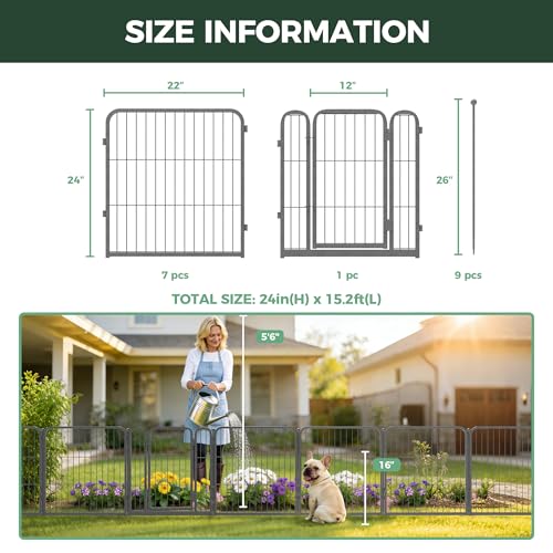 Image of FXW Garden Fence Outdoor for the Yard - 24in(H) x 15.2ft(L) Heavy Duty Metal Animal Barrier for Dog, No Dig Decorative Dog Fence, 8 Panels, Silver