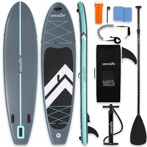 Image of SereneLife 10'6 inch Inflatable Stand Up Paddle Board with Premium SUP Accessories - 32 inch Wide Stable Design with Non-Slip EVA Deck Pad, for Youth and Adults, 350 lbs. Capacity