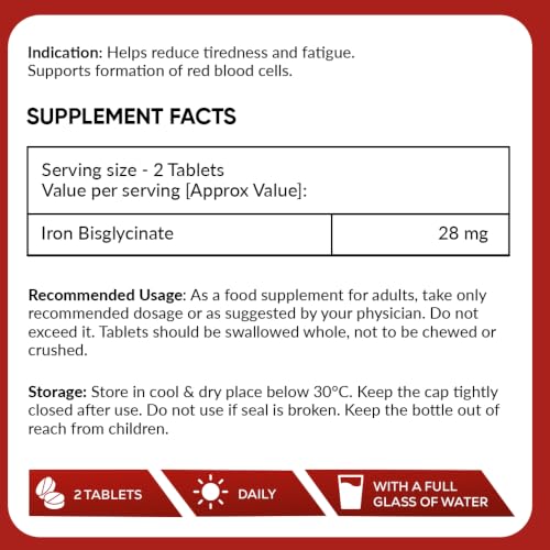 Image of Ambrosial Iron Bisglycinate 28mg High Strength Tablets | High Absorption Iron Supplement for Tiredness and Fatigue for Women and Men | Pack of 1-180 Veg Tablets