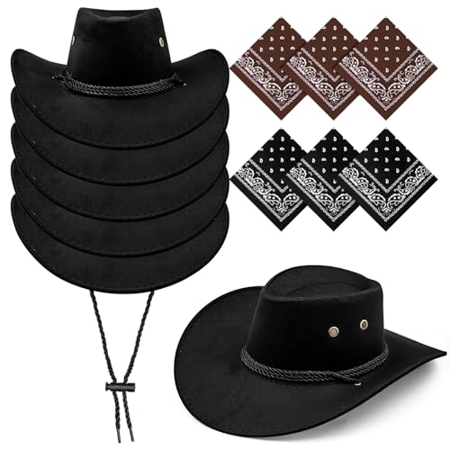 Komphy 12 Pack Cowboy Hat Bulk, Wide Brim Western Cowboy Hat Faux Suede Cowboy Hats Party Hats Fedora Hats with Bandana and Adjustable Drawstring for Men Women Costume Party Black