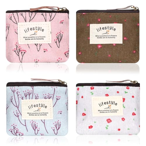 Mini Makeup Bag, 4 Pcs Linen Floral Small Makeup Bag for Purse Portable Small Zipper Pouch Cute Fabric Mini Cosmetic Bags for Women Girls Home Travel Lipstick Coin Cards Storage (4 Style)