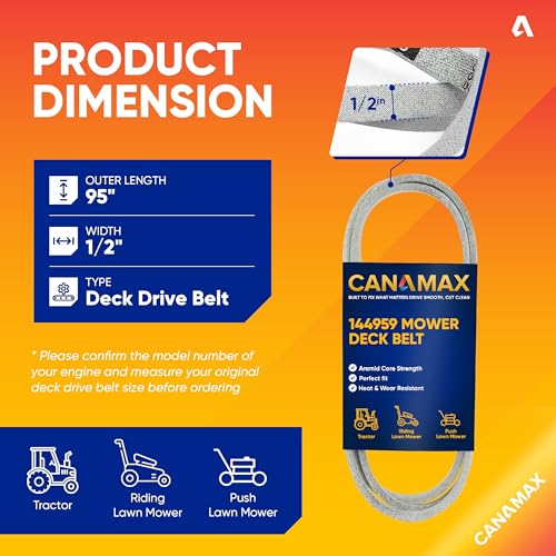 Image of Canamax 144959 Mower Deck Belt - Aramid Cord 1 /2 inch x 95 inch - for 42 inch Deck Craftsman LT3000 DLT3000 DYT4000 LT1000 LT2000 Poulan Husqvarna AYP Ariens - Replaces 532144959 130801 532130801 24690 248-095