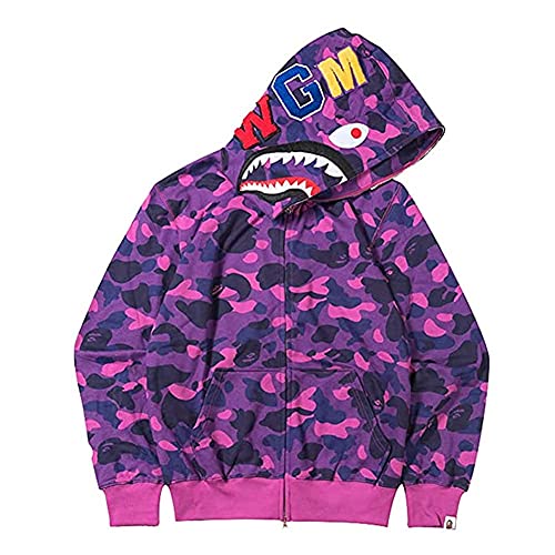 Baonmy Bape Hoodie Fashion Camo Shark Jackets Ape Camo Jacket Boy Hoodies Girls Camo Hoodies (Purple, Medium)