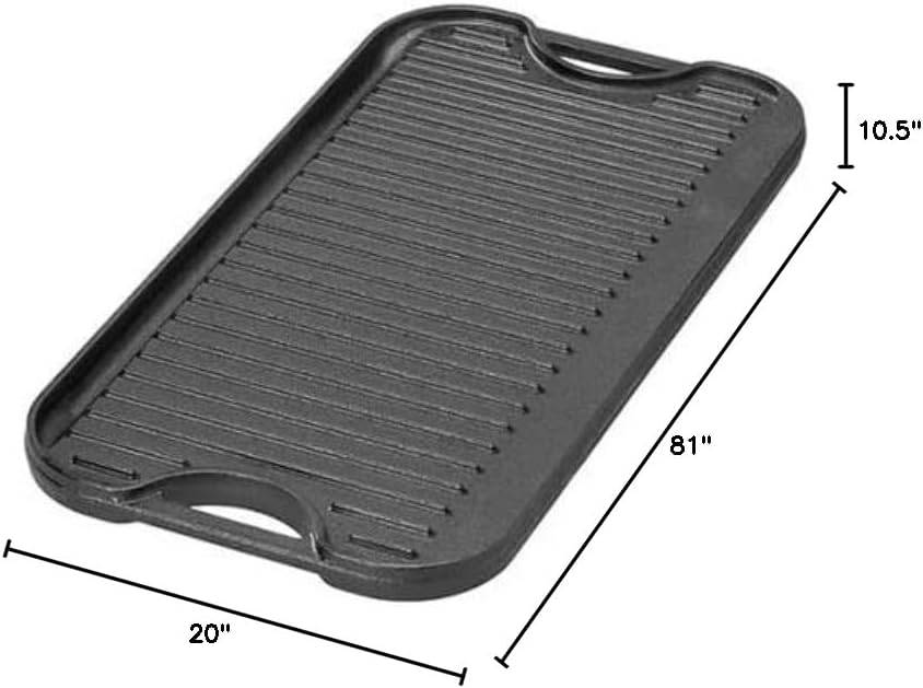 Cast Iron Reversible Grill Griddle, Dual Handle Flat Skillet and Griller Pan, 20"x10.5" Double Burner Cast Iron Griddle, for Stovetop, Oven, Grill, or Open Fire, Gray