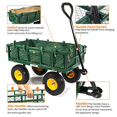 Yardsam Heavy Duty Steel Garden Cart With No-Flat Tires And Liner, 400Lb Capacity Lawn Yard Wagon With Flat-Free Tire Solid Wheels And Removable Sides For Outdoor, Gardening, Farm, Ranch - Green #TOP2