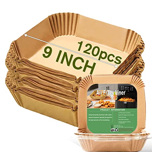 Large Air Fryer Disposable Paper Liners Square 9 Inch, 120Pcs Parchment paper liner for 5-8QT Air fryer, Oil-proof, Water-proof, Parchment Baking Paper for Baking Roasting Microwave