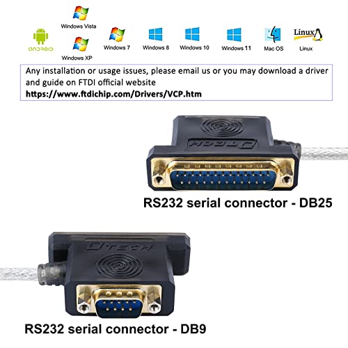 Dtech Usb To Serial Adapter, Db25 Db9 Rs232 To Usb Cable 4 Feet With Ftdi Chip Supports Windows 11 10 8 7 And Mac #TOP2