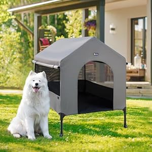 Veehoo 35″ Dog House, 2-in-1 Large Dog House Outdoor Indoor Weatherproof, Outside Elevated Dog Cot Bed Dog Tent Shade, Three-Sided Breathable Mesh Windows and Sunshades, CWC2435CP