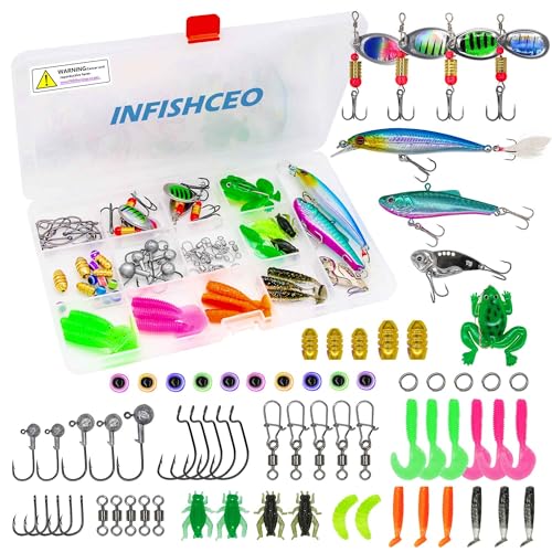 INFISHCEO Fishing Lure Bait Tackle Set for Saltwater Freshwater Bass Fish, Including Jig Hooks, Spoon Lures, Crankbait, Soft Plastic Worms, Frog Lure, Fishing Gear Kit