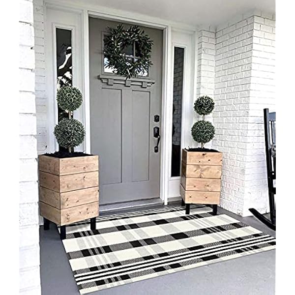 Zwart Wit Buffalo Plaid Rug Outdoor Deurmat 3 'x 5' Katoen Geweven Geruite Tapijten Machine Wasbaar Streepgebied Tapijt Indoor Outdoor Gelaagde Deurmatten voor Boerderij Woonkamer Veranda Slaapkamer