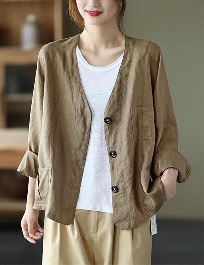 Blazer Oversize in Cotone e Lino da Donna Manica Lunga con Scollo a v Casual Leggero Blazer Primaverile Cardigan Blazer Cardigan Business Casual Blazer