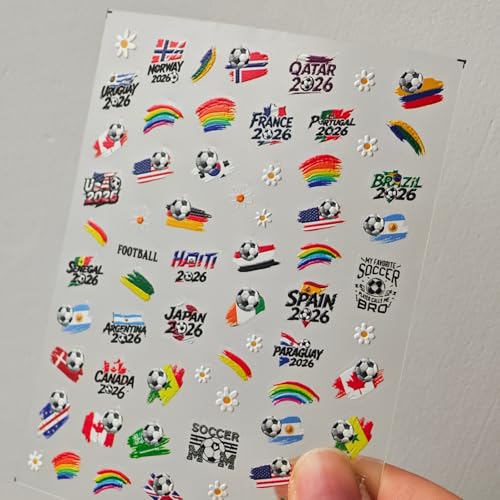 Image of Soccer Nail Stickers World Cup Flag Nail Decals Football Nails Stickers with Rainbow Design 5D Self Adhesive Patriotic Nails Charms Supply for Women DIY Manicure Decoration