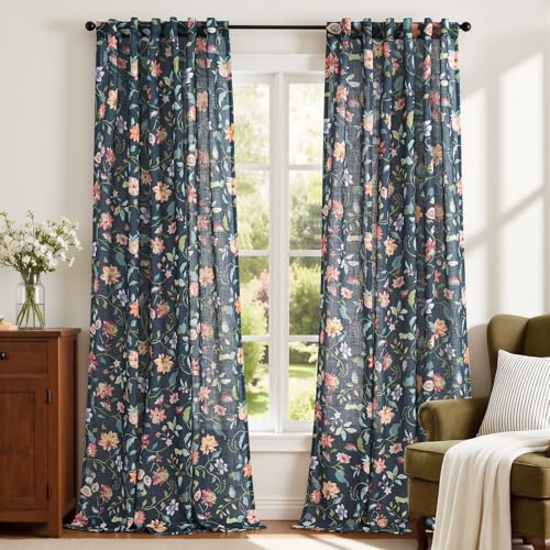 Image of jinchan Dark Blue Floral Linen Curtains 96 Inch Vintage Back Tab 2 Panels