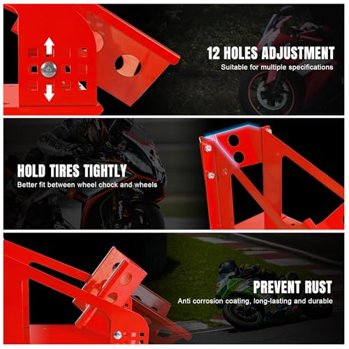 Jack Boss Motorcycle Wheel Chock, Motorcycle Stand Up to 1800 Lbs, Wide Range Less Than 6 Inch, 12 Holes Support Adjustable Front Tire Stand Chocks for Most Motorcycle